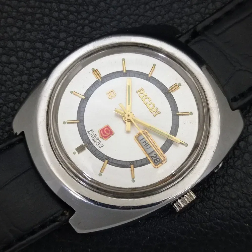 Vintage 1980 Ricoh Automatic Mens Silver Watch W/daydate & Gold accents